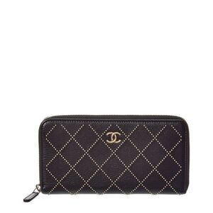 Chanel Black Quilted Calfskin Leather Studded Compact Zip Around Wallet